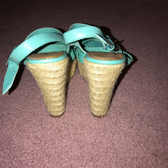 JeashCHAT Women Turquoise Rope Trimmed High Wedge Sandals